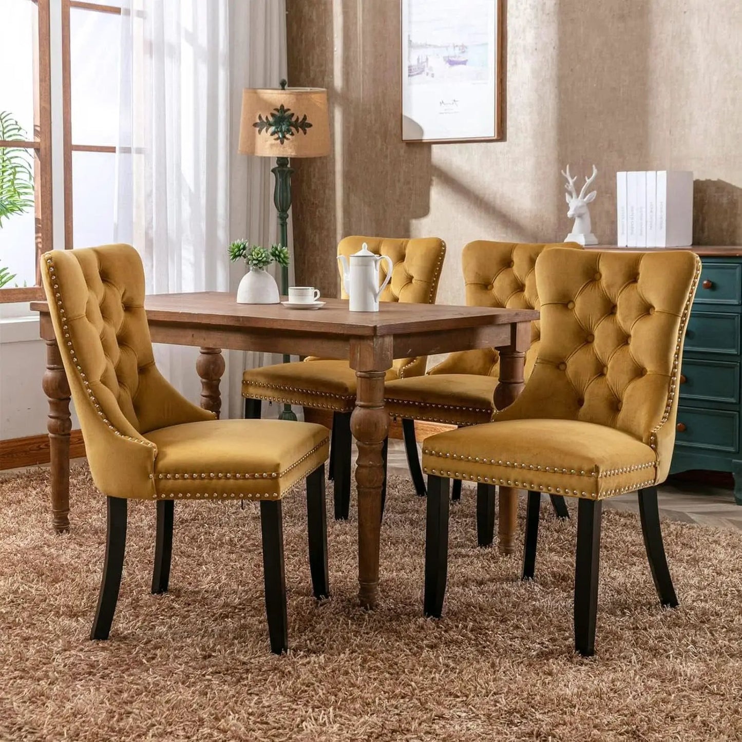Velvet Tufted Dining Chairs Set Of Four Gold Finish from PriceLows™