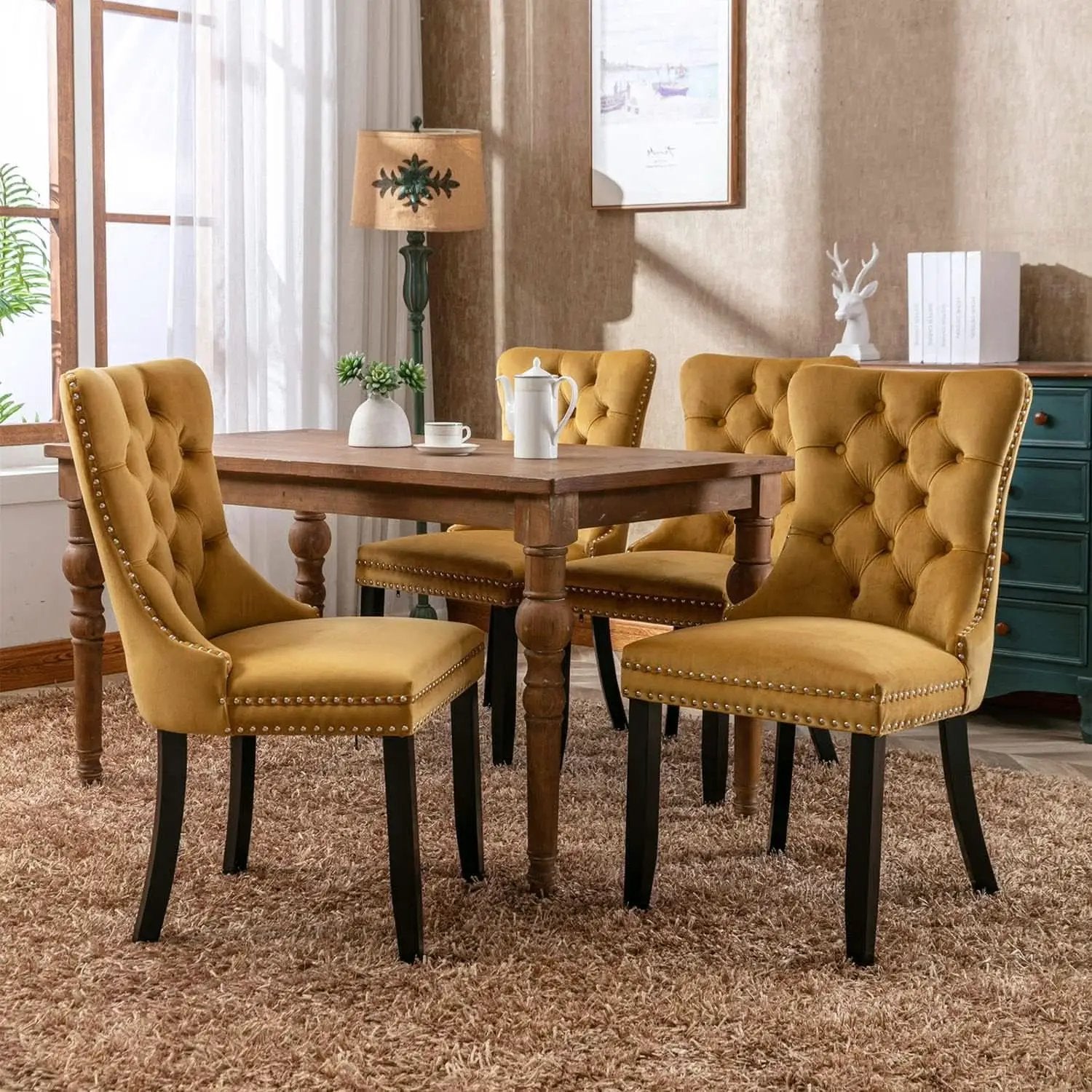 Velvet Tufted Dining Chairs Set Of Four Gold Finish from PriceLows™