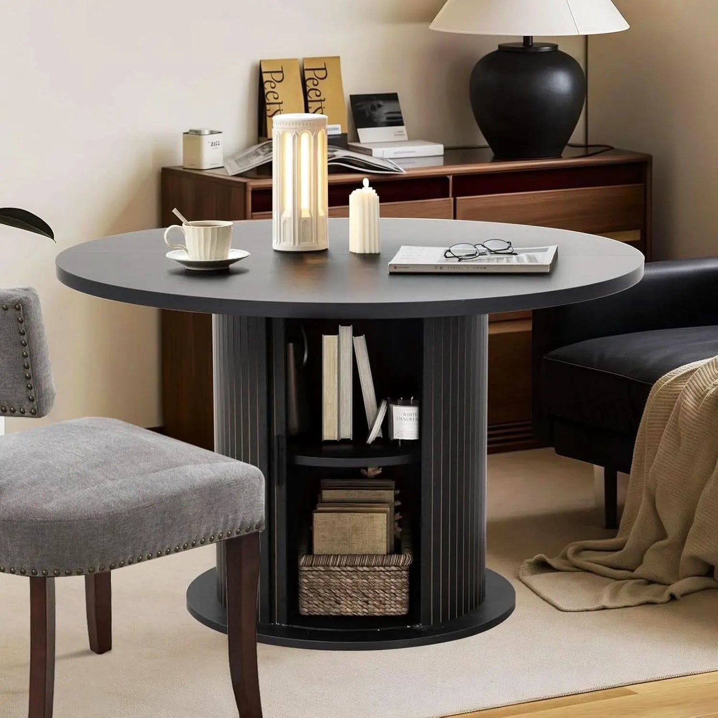 Round Dining Table Featuring Concealed Storage Black from PriceLows™