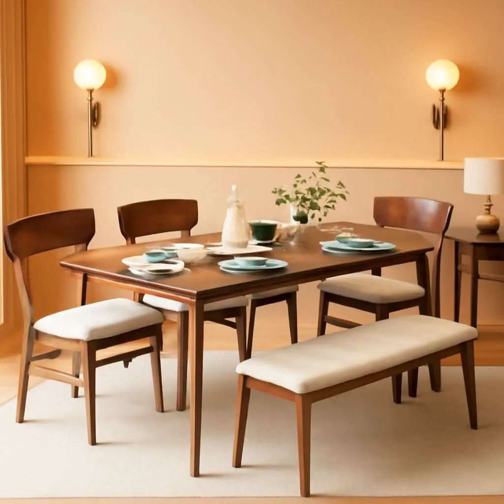 Walnut Rubberwood Dining Set With Upholstered Bench from PriceLows™