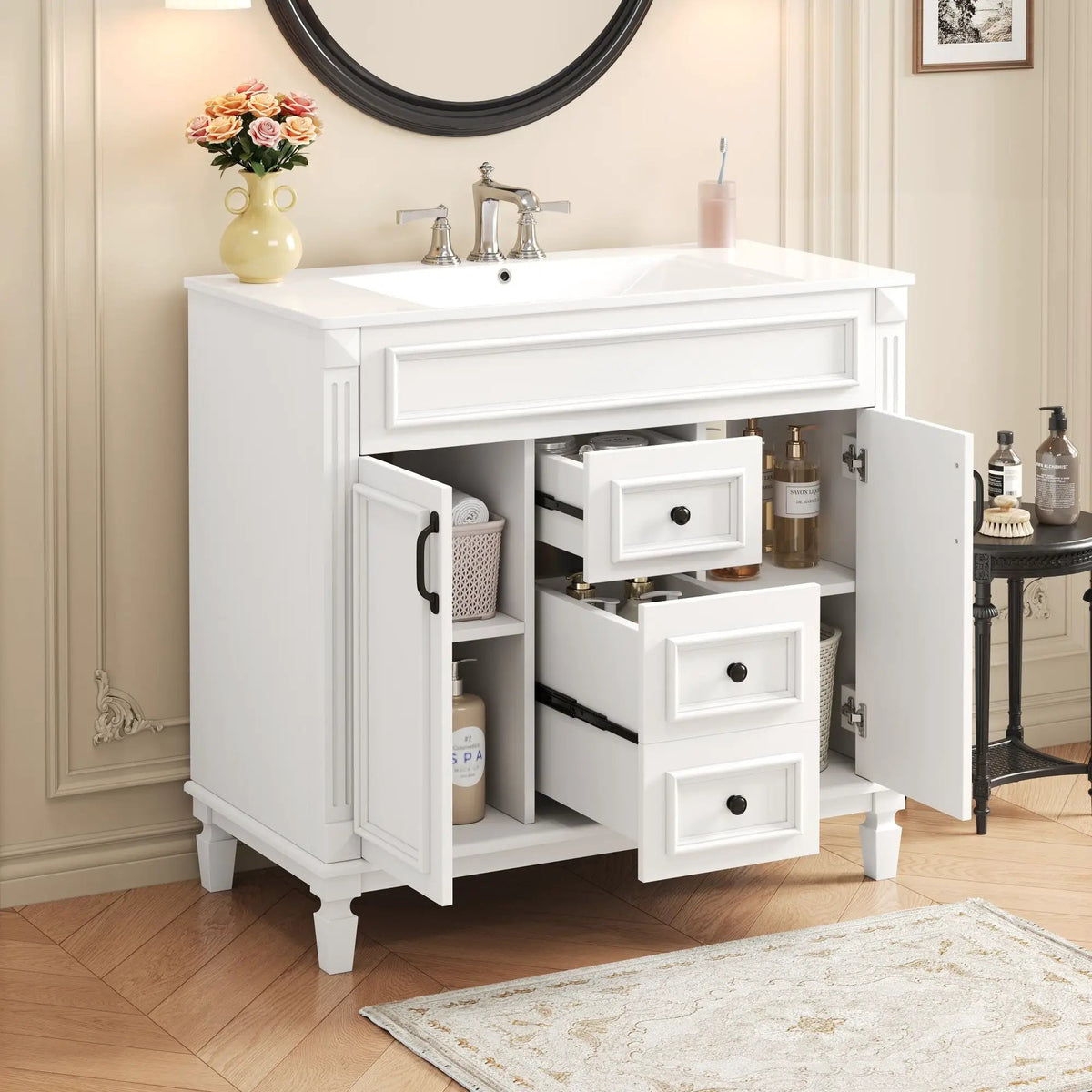36 Inch Bathroom Vanity With Top Sink | Basin On Cabinet | 2 Soft Closing Doors | 2 Drawers