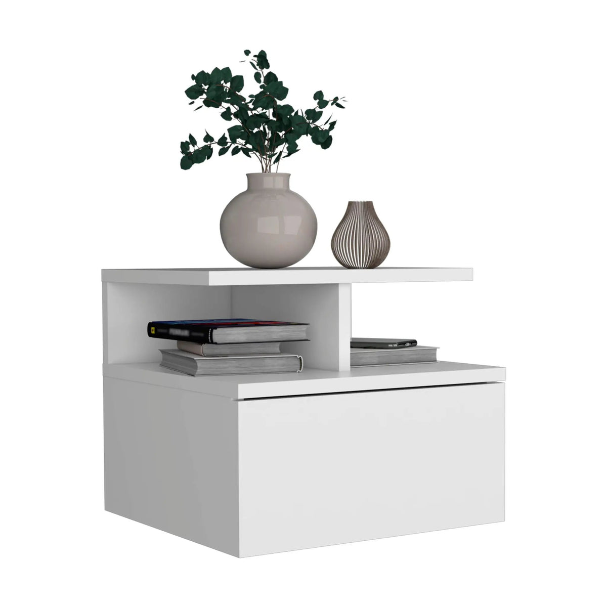 Floating Nightstand Wall Mounted | Single Drawer | Two Tier Shelf | White