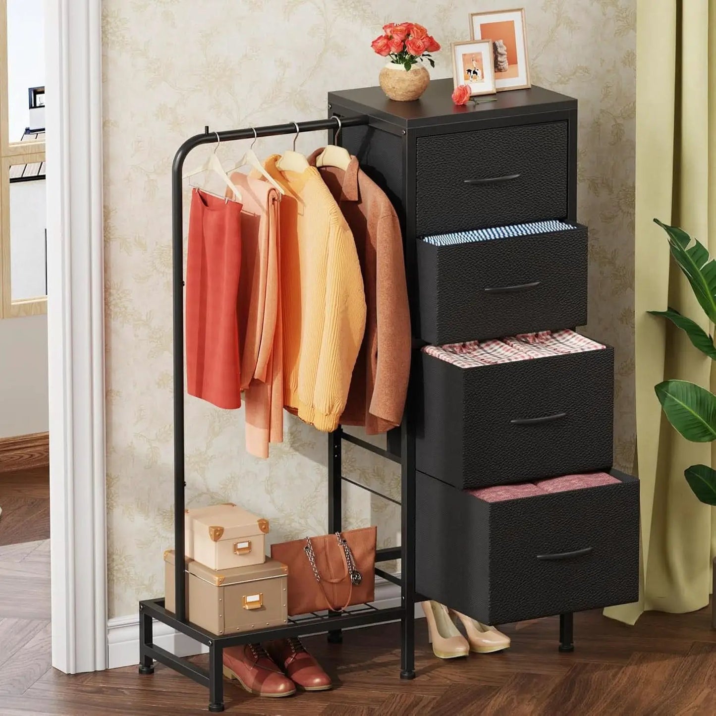 Dresser With Hanging Rack And 4 Drawers Black 44 Inch Tall from PriceLows™
