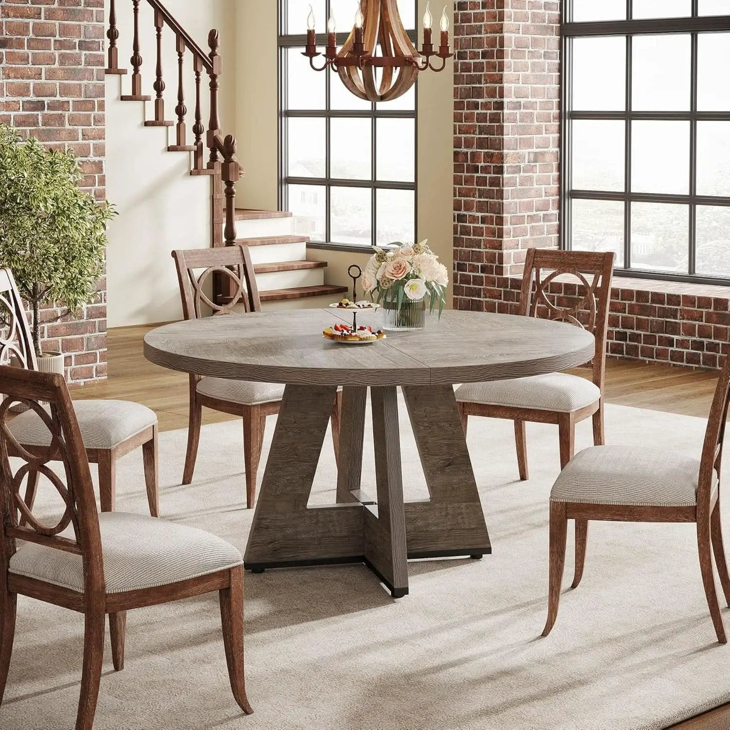 47 Inch Round Farmhouse Dining Table Grey For Four from PriceLows™