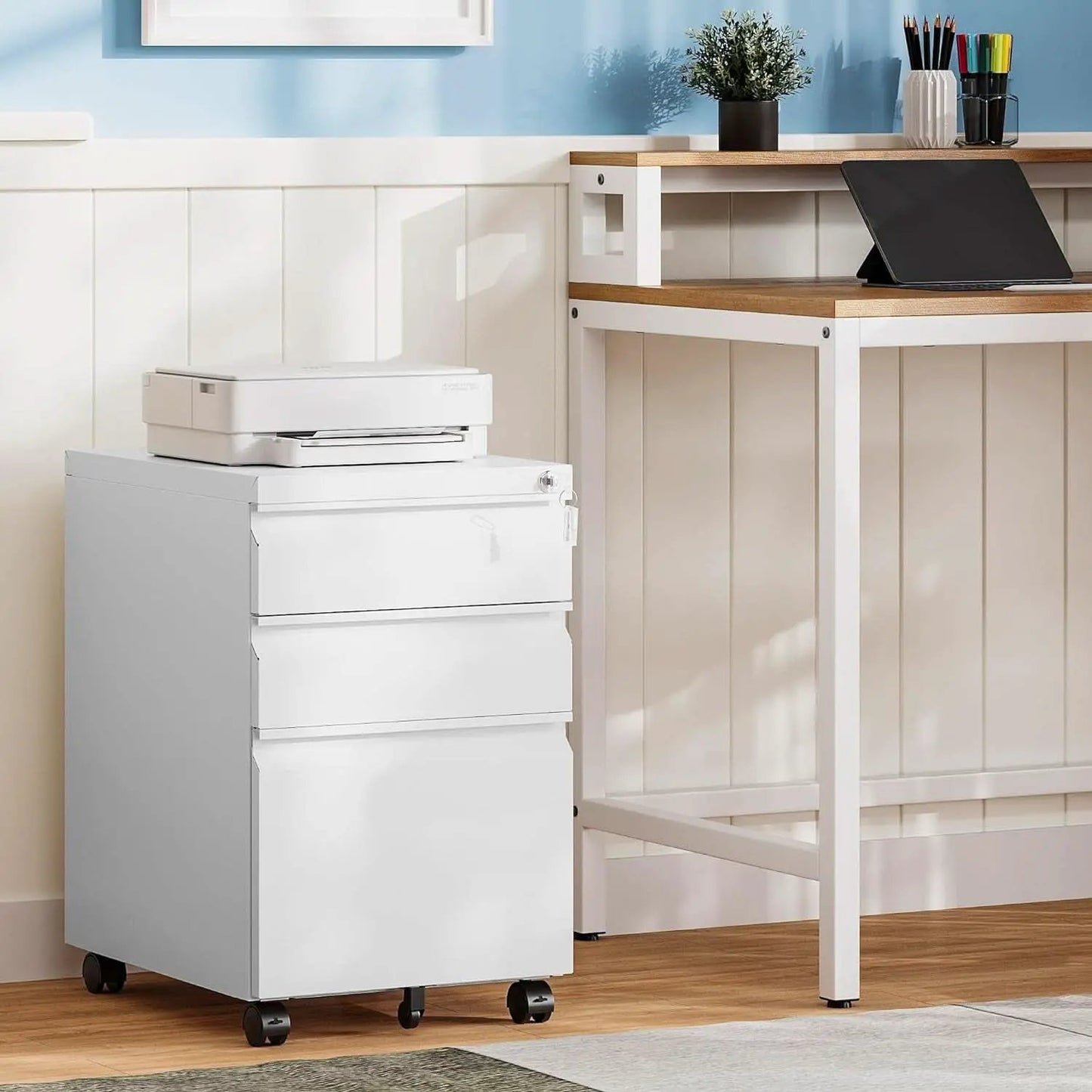 White 3 Drawer Filing Cabinet On Wheels With Lock For Home Office from PriceLows™