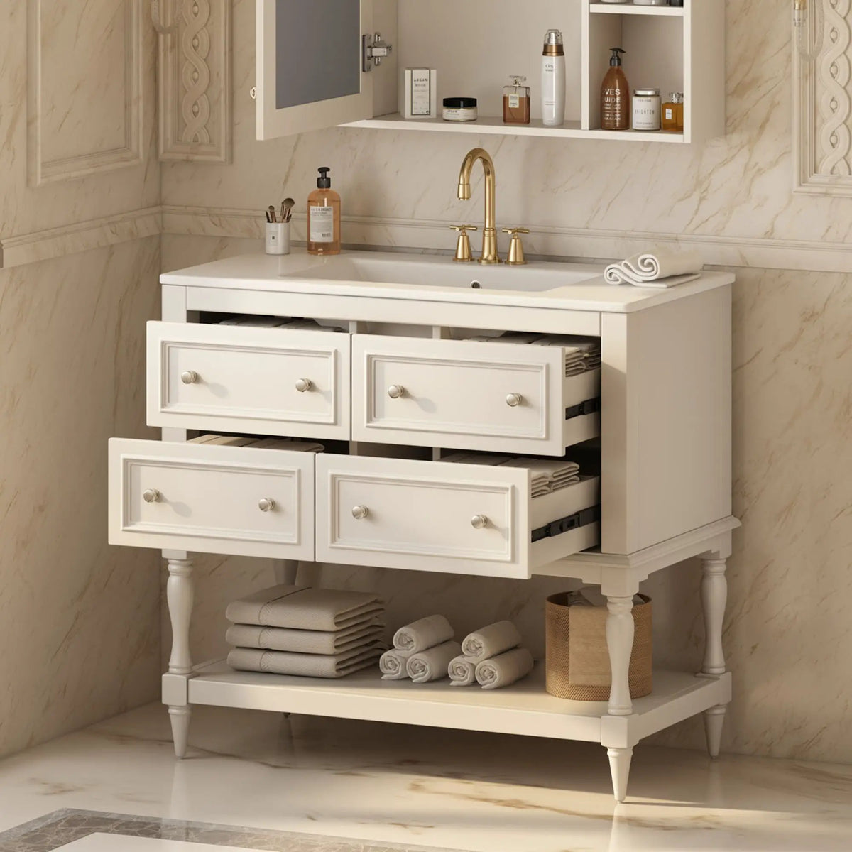 36 Inch Bathroom Vanity With Undermount Sink | 4 Extension Drawers | Solid Wood Frame | Ceramic Sink