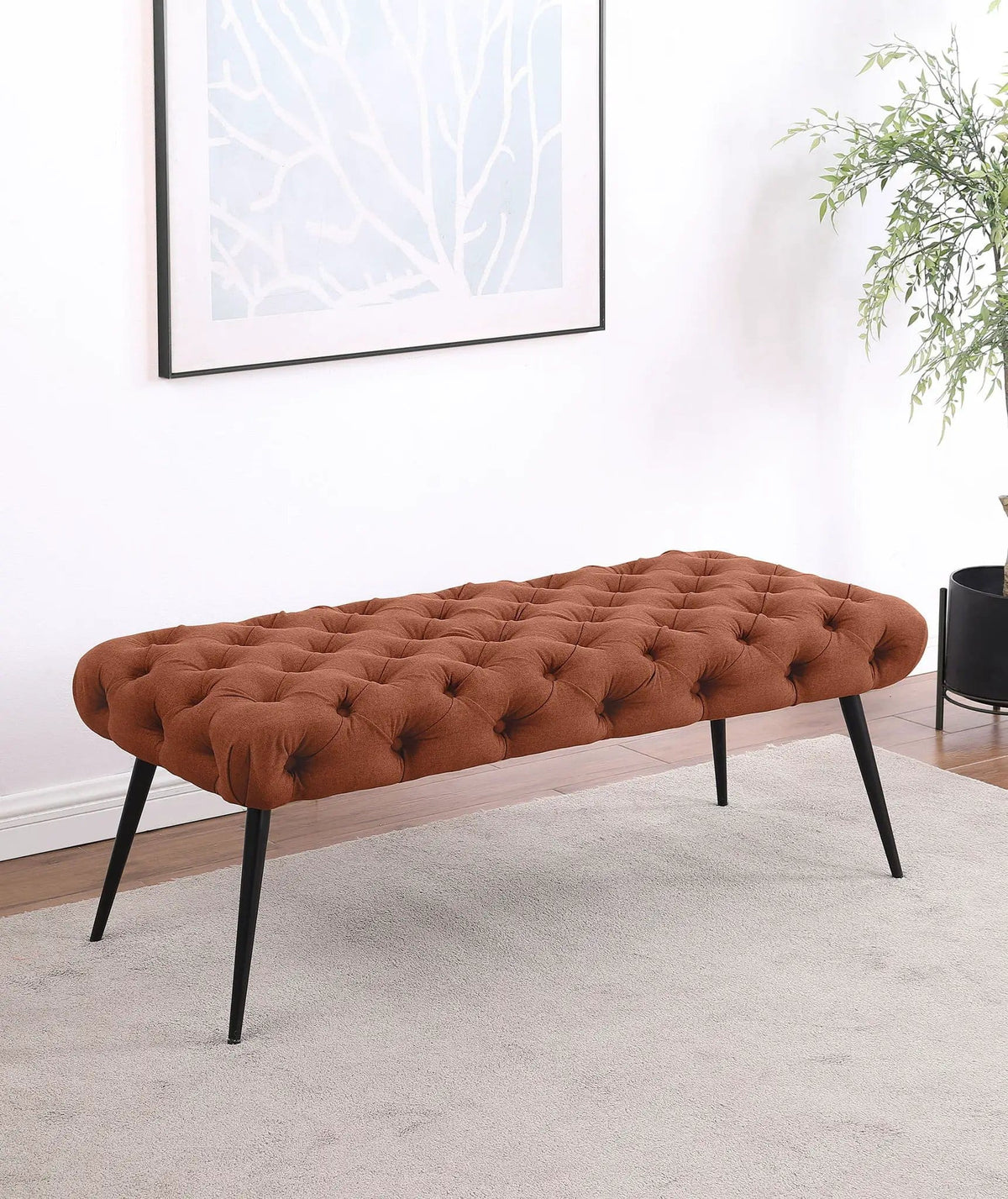 Ella Upholstered Tufted Bench Metal Legs Rust | 47 x 20 x 18 in | Metal | Living Room