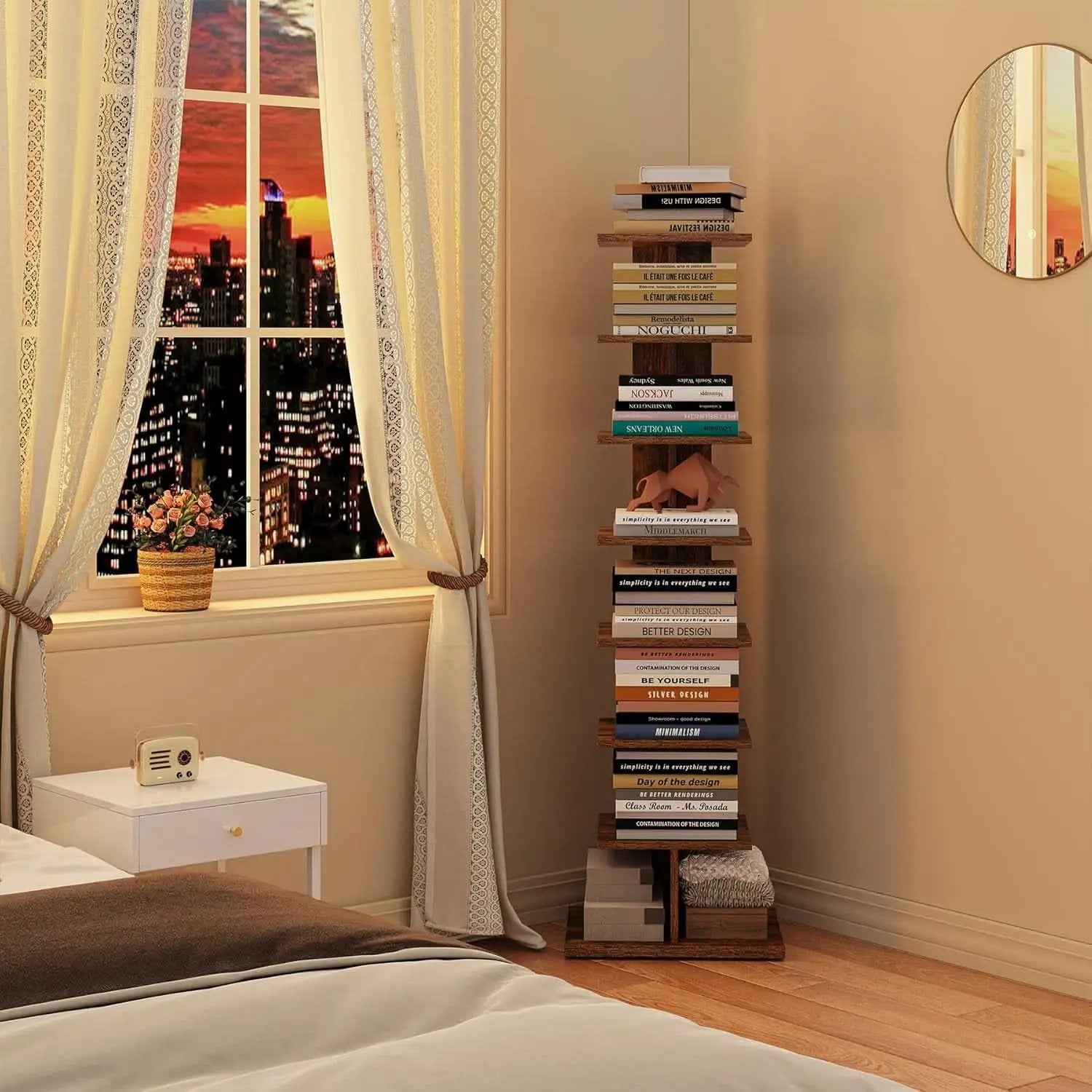 Vertical Bookshelf 8 Tier Rustic Brown Corner Shelf from PriceLows™