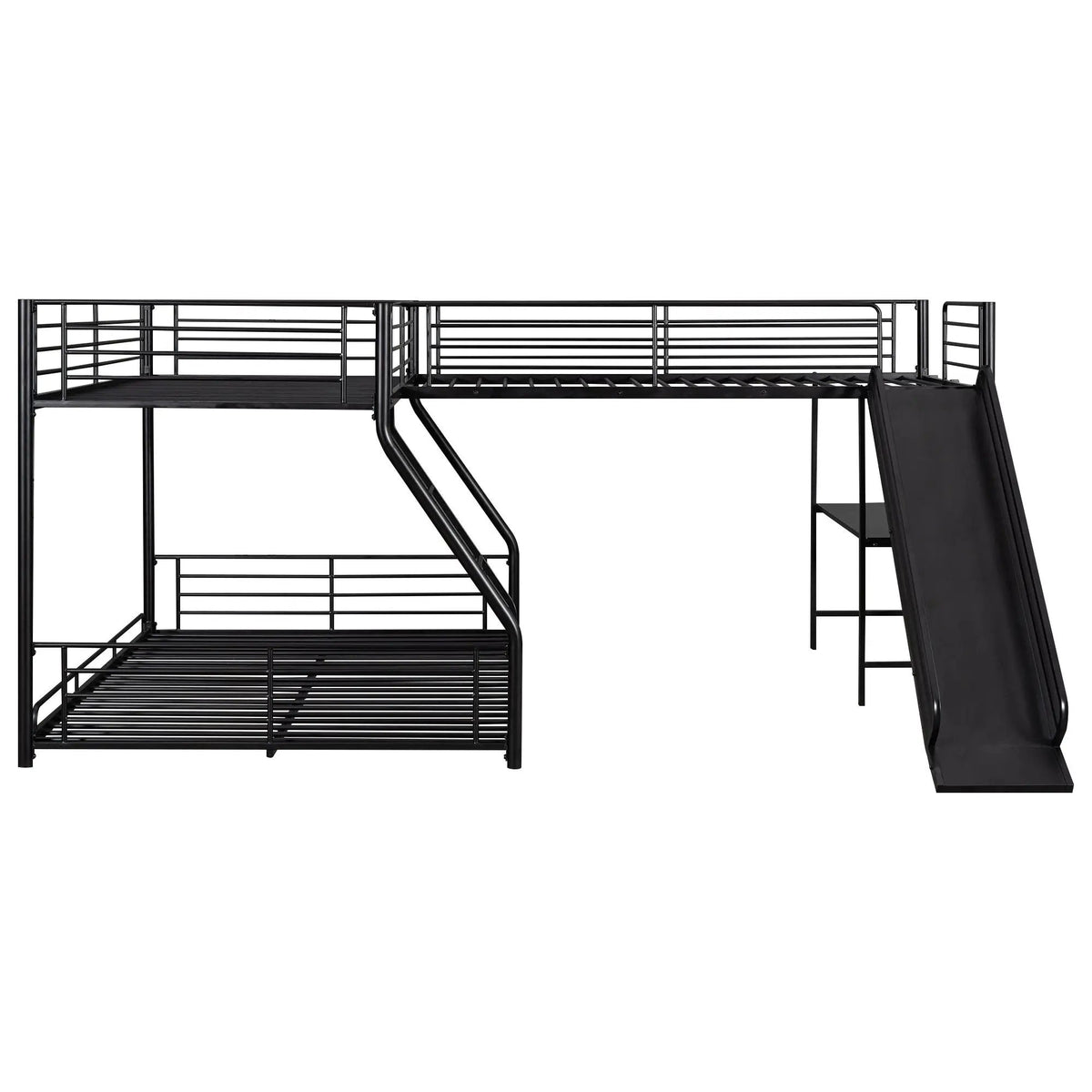 L Shaped Triple Bunk Bed | Twin Over Full Frame | Built In Desk | Black