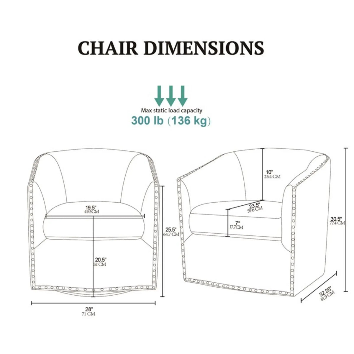 Swivel Chair With 360 Degree Rotation | Silver Nailhead Accents | Metal Base | High-Density Foam Cushion