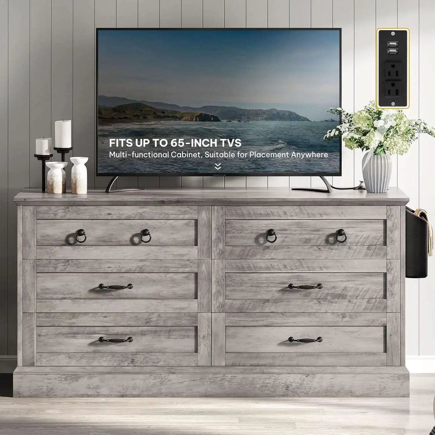 Grey Farmhouse 6 Drawer Dresser 59 Inch Wide With Air Purifier from PriceLows™