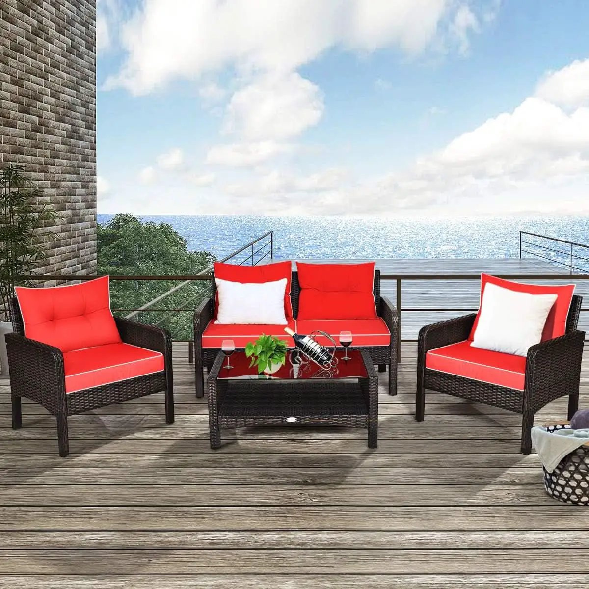 4 Piece Outdoor Wicker Patio Furniture Set with Cushions from PriceLows™