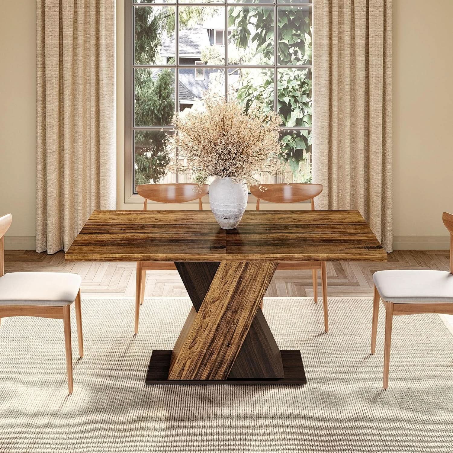 55 Inch Walnut Solid Industrial Dining Table Seats Six from PriceLows™