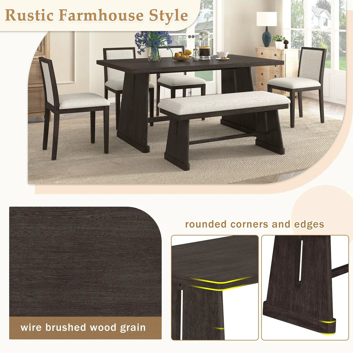 Dining Set | Rectangular Table | 4 Chairs 1 Bench | Seats 6