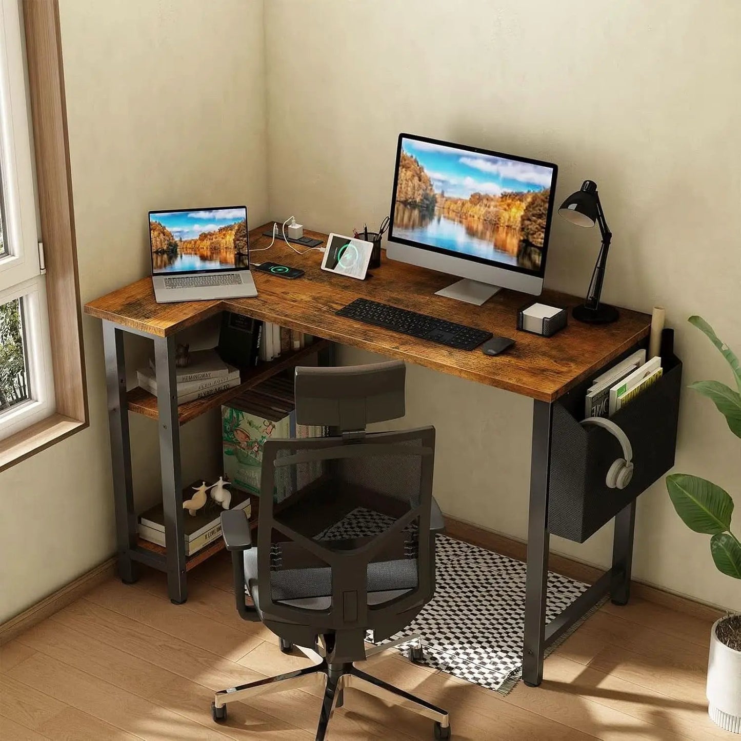 40 Inch L Shaped Desk With Power Outlet And Shelves Rustic Brown from PriceLows™