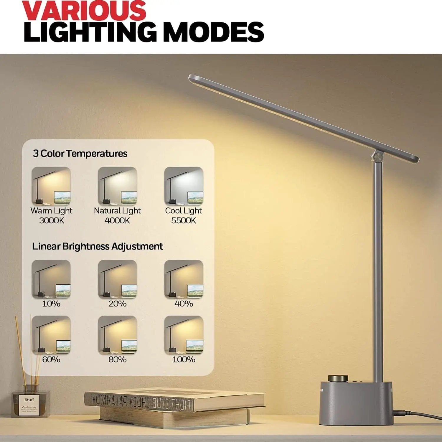 Gray LED Desk Lamp With Stepless Dimming And USB A And C from PriceLows™