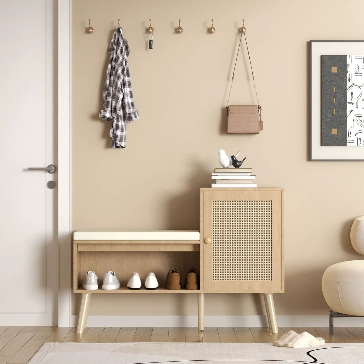 Shoe Storage Bench | Adjustable Shelves | Washable Seat | Natural Rattan