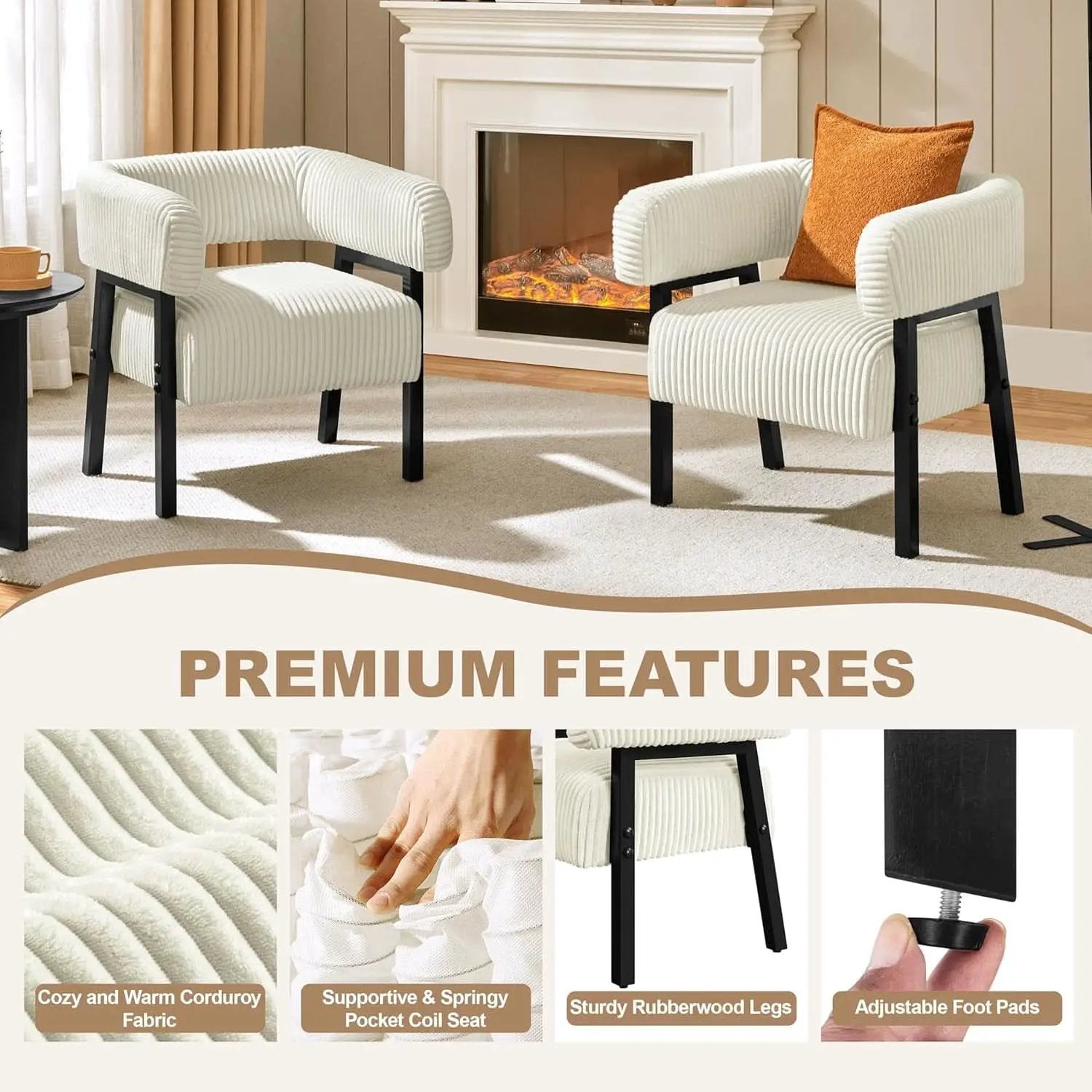 Beige Corduroy Barrel Chair Set Of 2 With Wood Legs from PriceLows™