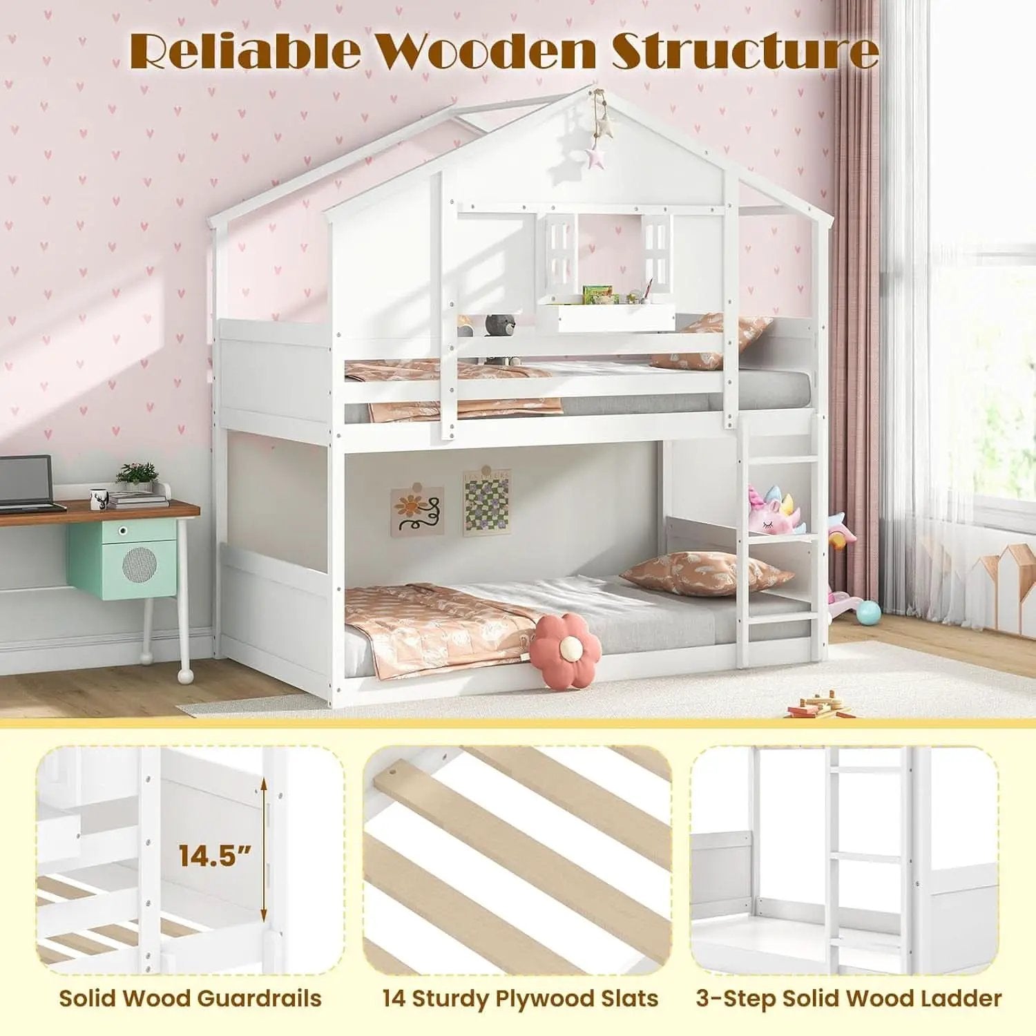 Twin Over Twin White Wood House Bunk Bed For Kids Room from PriceLows™