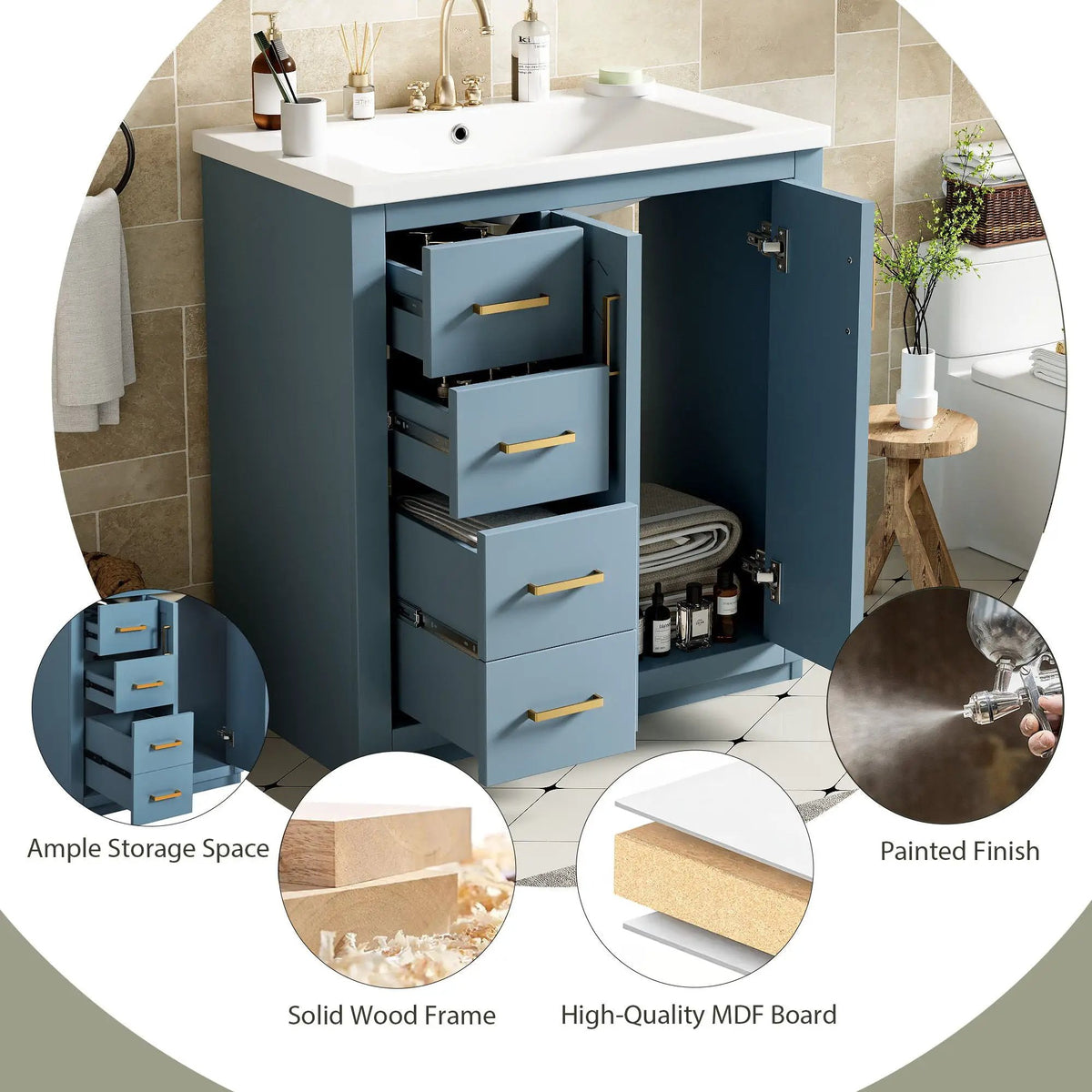 30 Inch Bathroom Vanity | 3 Drawers Soft Close | Solid Wood Ceramic Combo