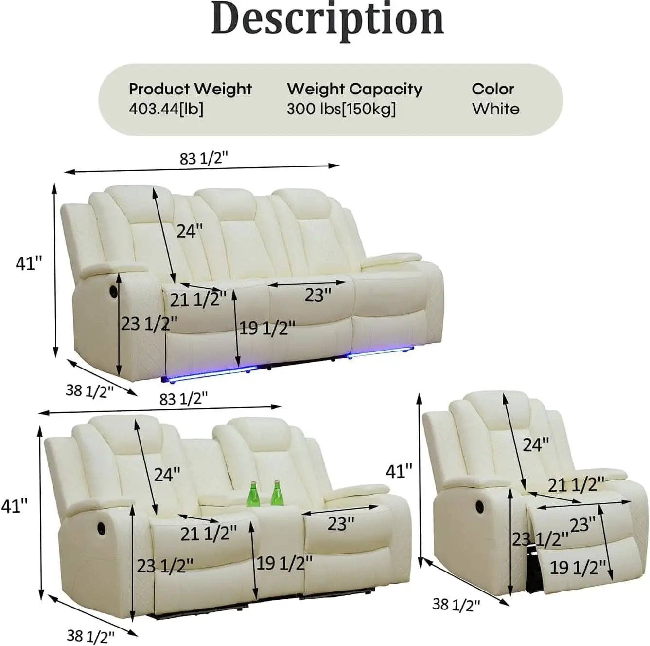 Power Recliner Set With LED Lights And USB Charging Ivory White from PriceLows™