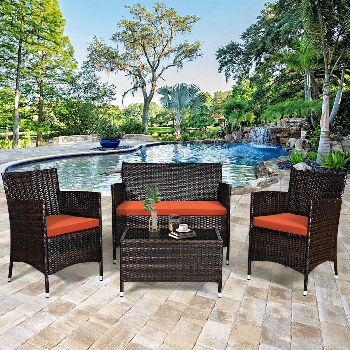 Rattan Patio Set With Cushioned Chairs And Glass Table from PriceLows™