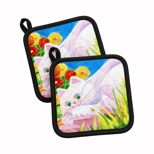 Pot Holder Set of 2 | Heat Resistant Quilted Hot Pads | 7.5 x 7.5 Inch | White Cat Tea Time