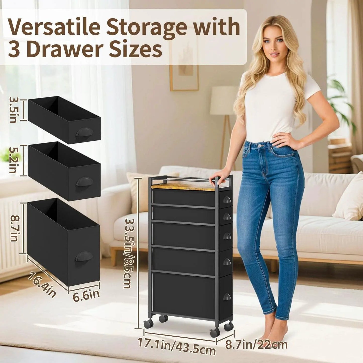 Black SlimStorage Narrow Five Drawer Dresser On Wheels from PriceLows™