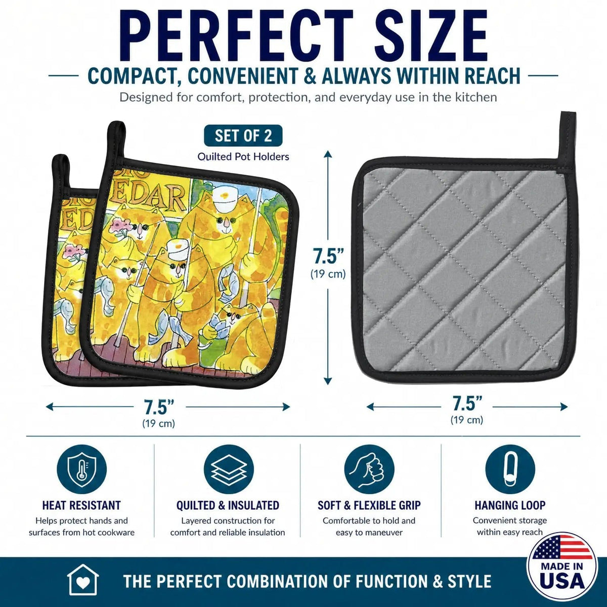 Pot Holder Set of 2 | Heat Resistant Quilted Hot Pads | 7.5 x 7.5 Inch | Orange Tabby Fishing Cats
