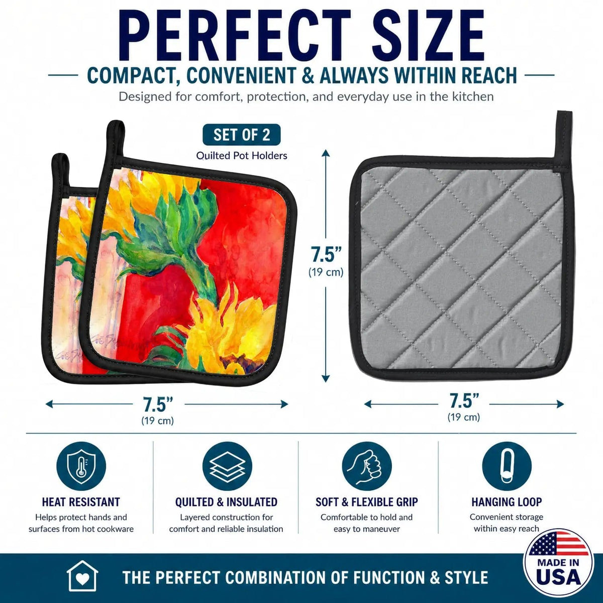 Pot Holder Set of 2 | Heat Resistant Quilted Hot Pads | 7.5 x 7.5 Inch | Flower - Sunflower (Style 3)
