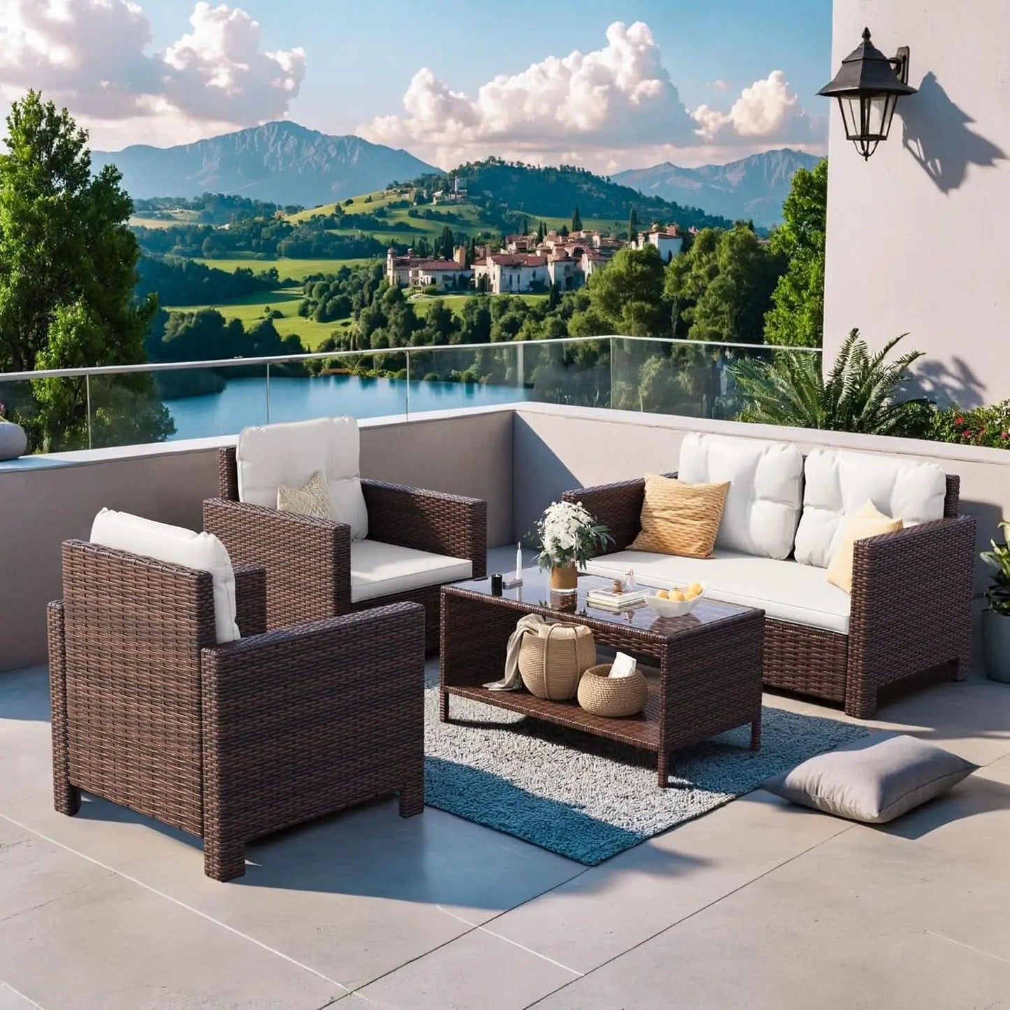 4 Piece Patio Rattan Furniture Set Beige Cushions Outdoor from PriceLows™