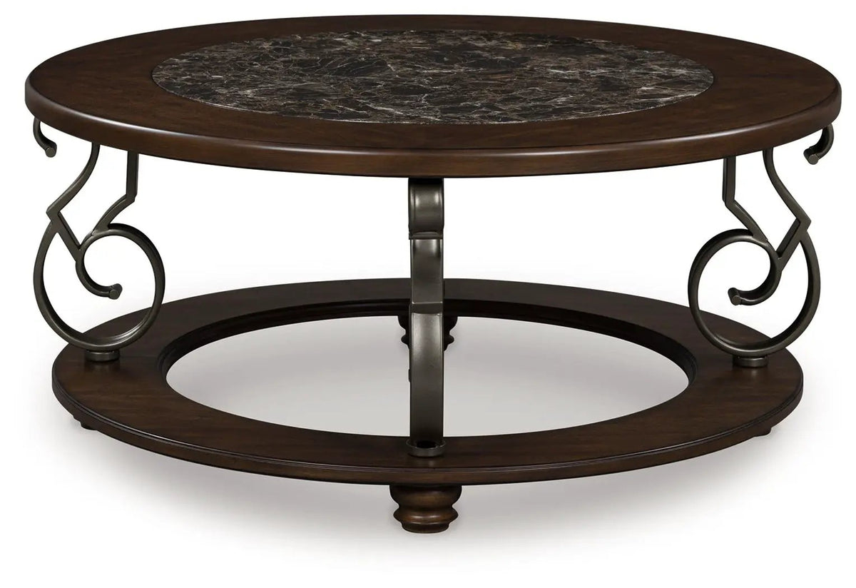 Frallyn Round Cocktail Table | Dark Brown | Faux Marble Laminate Top | 42 Inch Diameter