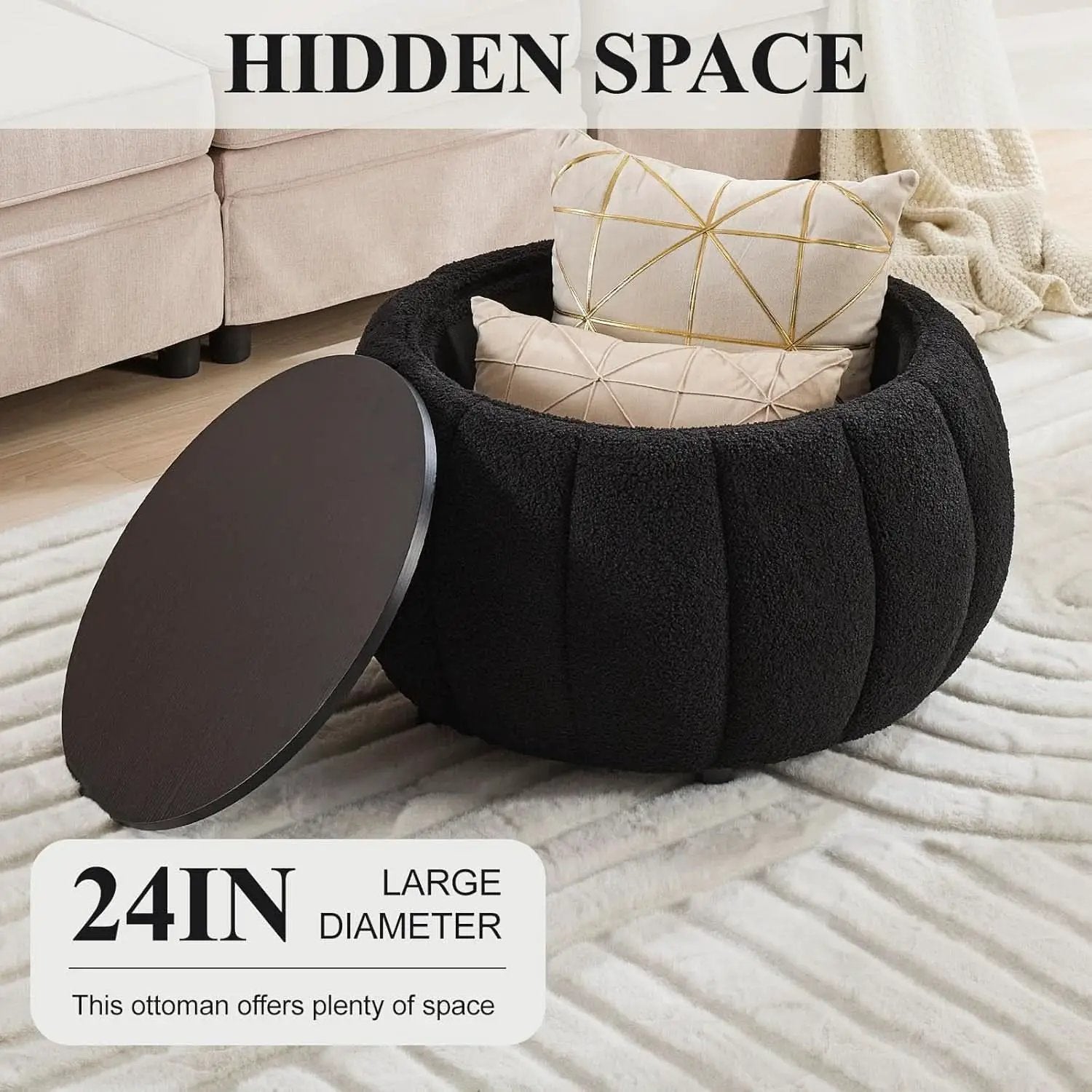 30 Inch Round Profile Teddy Fabric Hidden Storage Ottoman from PriceLows™