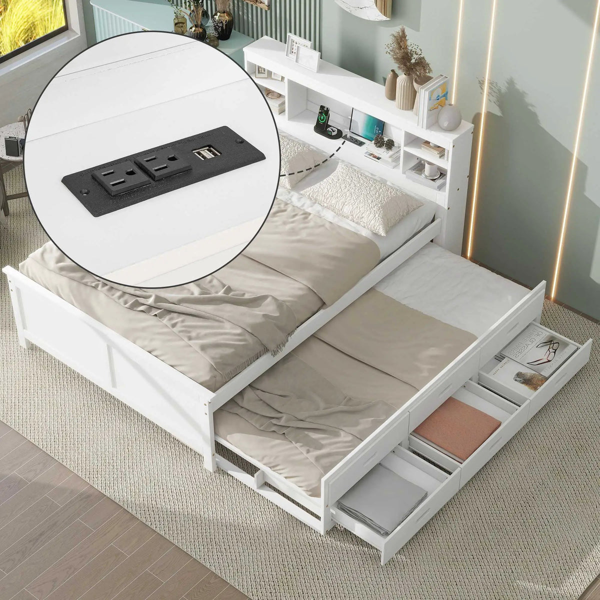 Platform Bed | Storage Headboard | USB Ports | Twin Trundle