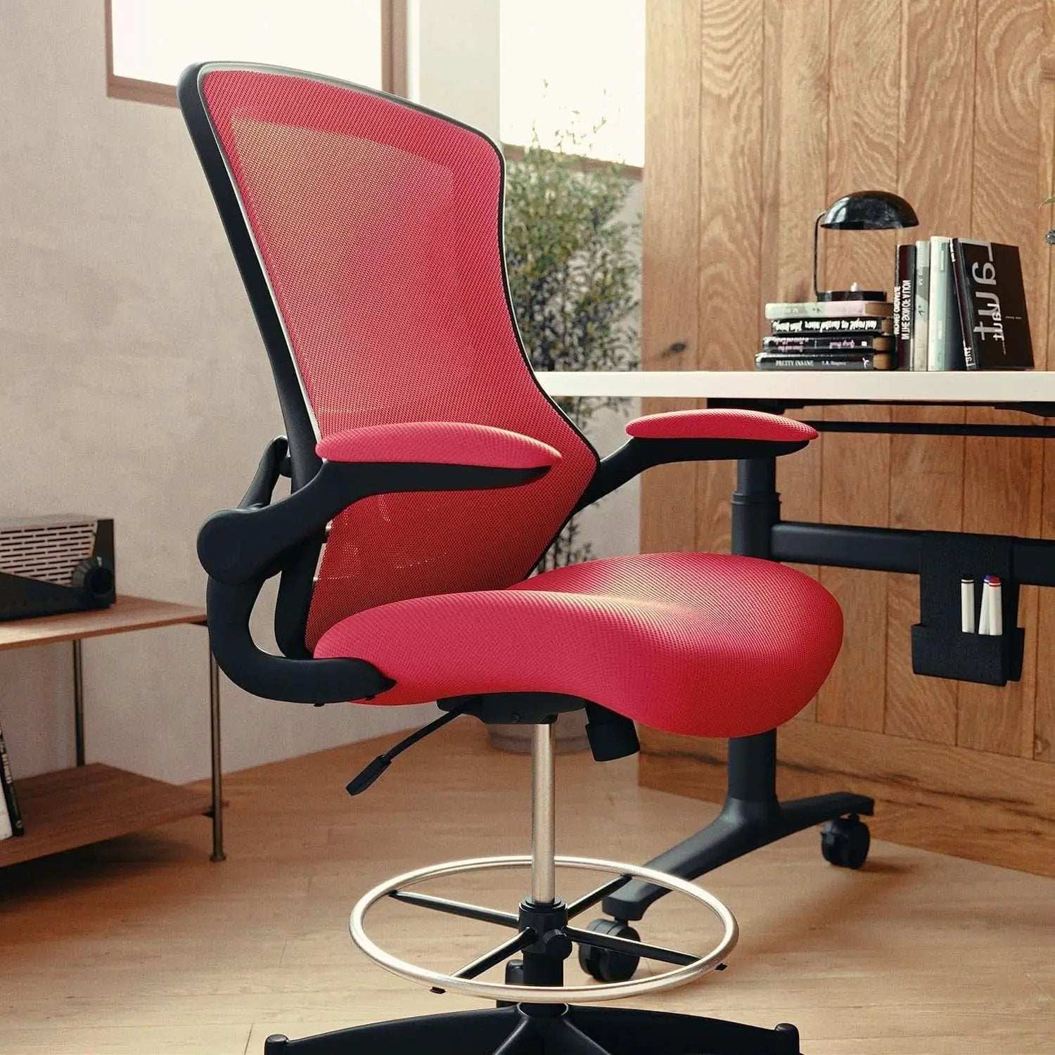 Kelista Red Mid Back Swivel Office Chair With Flip Armrests from PriceLows™