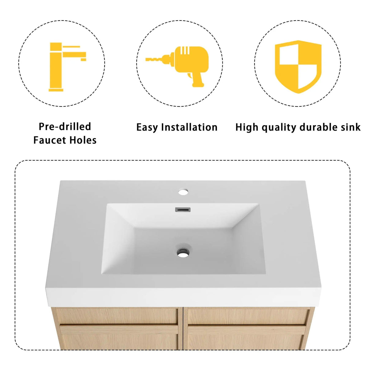 Freestanding Bathroom Vanity With Resin Sink & Soft Close Cabinet Doors | 3 Pieces | Stainless Steel & Plywood | Bathroom