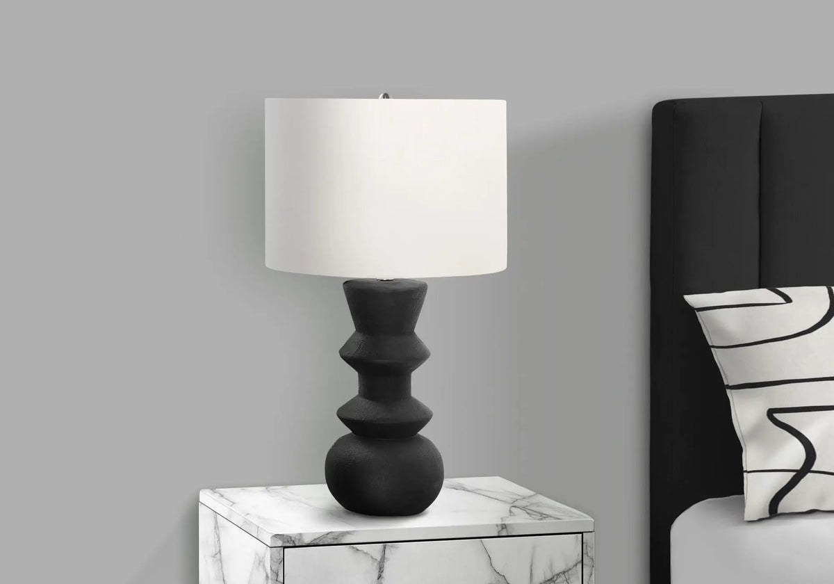 Ceramic Table Lamp | 26 Inch Height | Geometric Base | Ivory Fabric Shade And 3-Way Switch