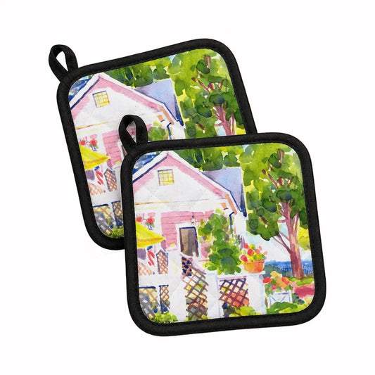 Pot Holder Set of 2 | Heat Resistant Quilted Hot Pads | 7.5 x 7.5 Inch | White Cottage at the beach