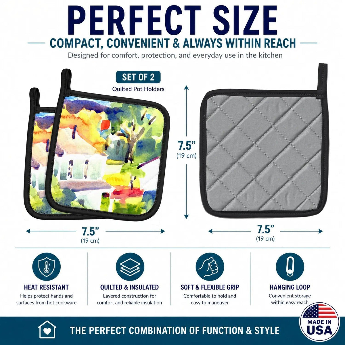 Pot Holder Set of 2 | Heat Resistant Quilted Hot Pads | 7.5 x 7.5 Inch | Houses