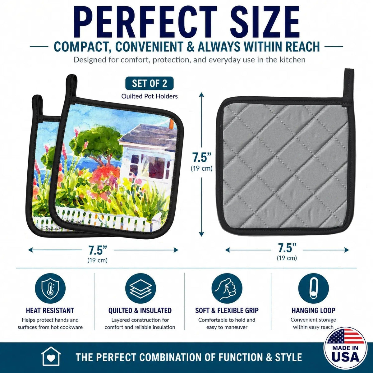 Pot Holder Set of 2 | Heat Resistant Quilted Hot Pads | 7.5 x 7.5 Inch | Houses (Style 3)