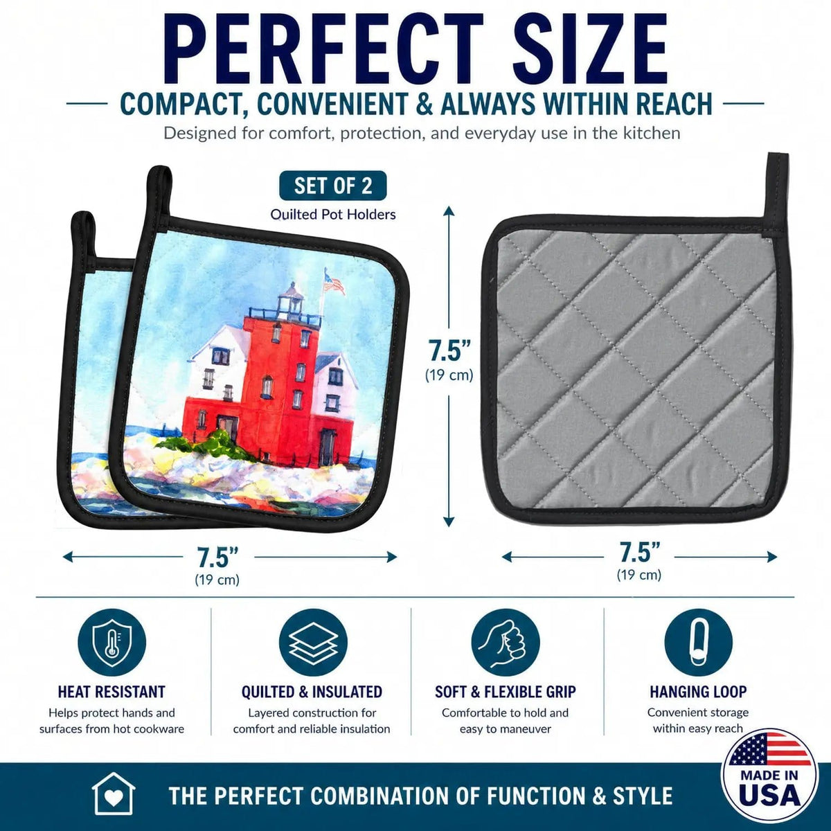 Pot Holder Set of 2 | Heat Resistant Quilted Hot Pads | 7.5 x 7.5 Inch | Lighthouse on the rocks Harbour