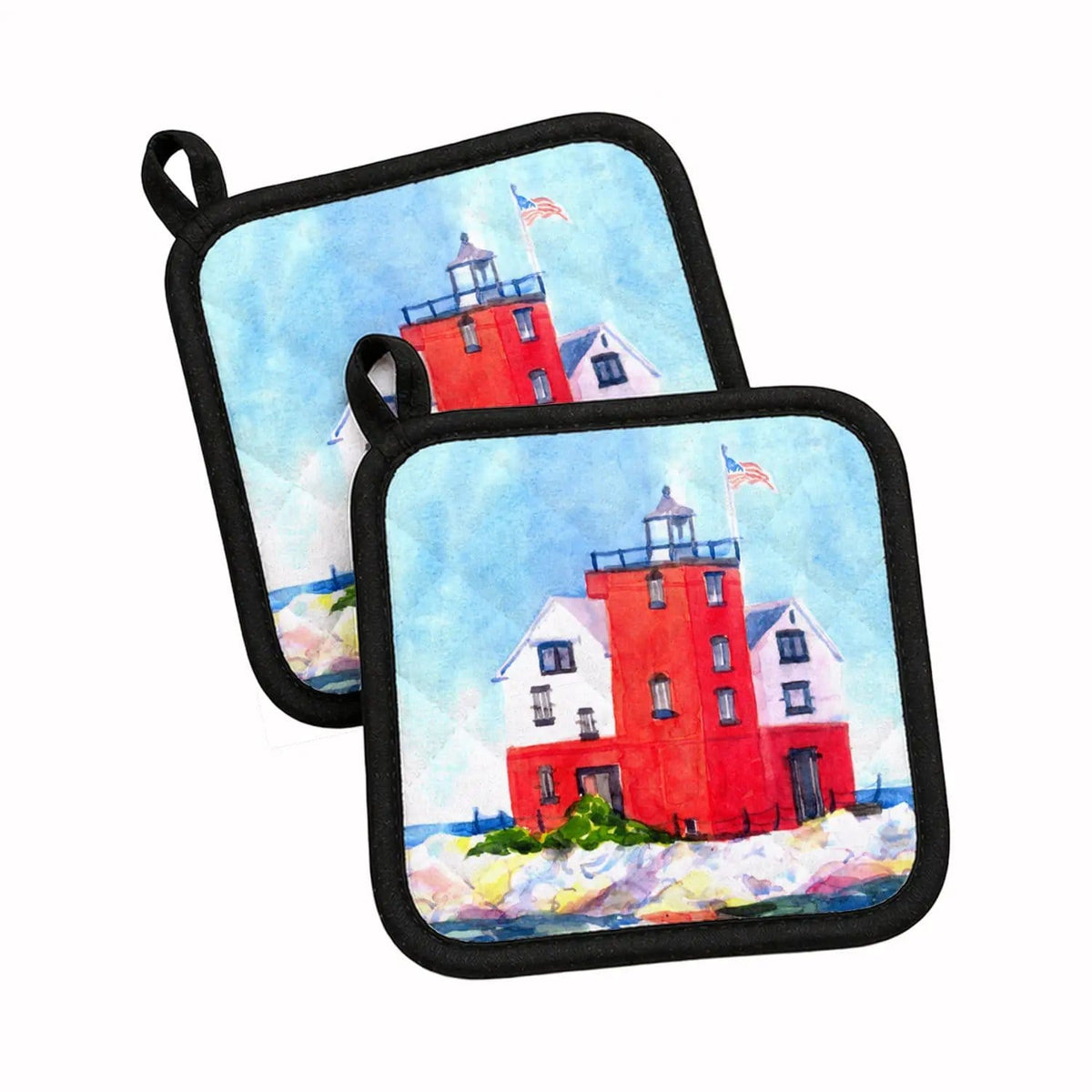 Pot Holder Set of 2 | Heat Resistant Quilted Hot Pads | 7.5 x 7.5 Inch | Lighthouse on the rocks Harbour