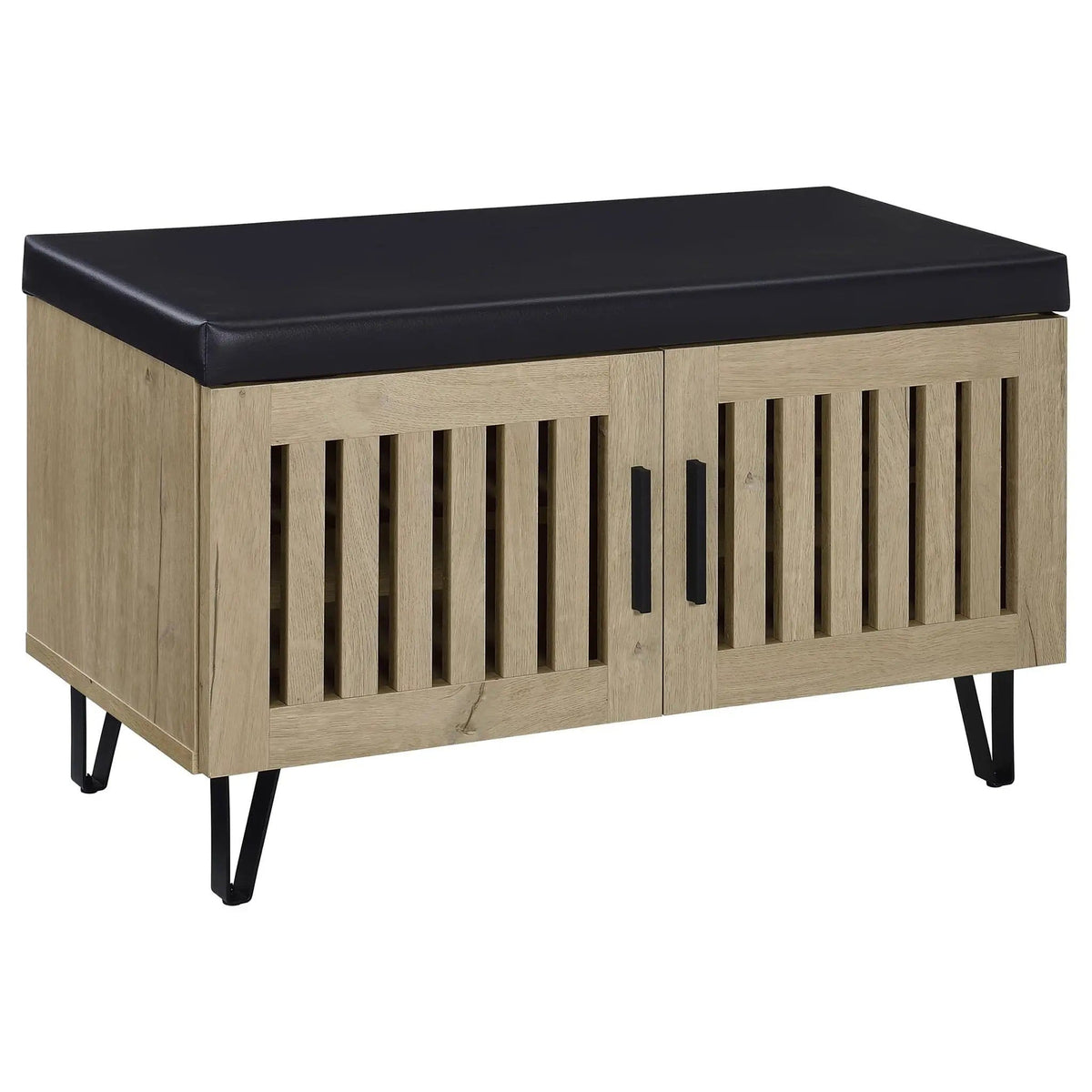 Brixton 2-door Padded Entryway Shoe Storage Bench White Shoe Cabinet | 31.5 x 15 x 19 in | Faux Leather & Metal | Oak