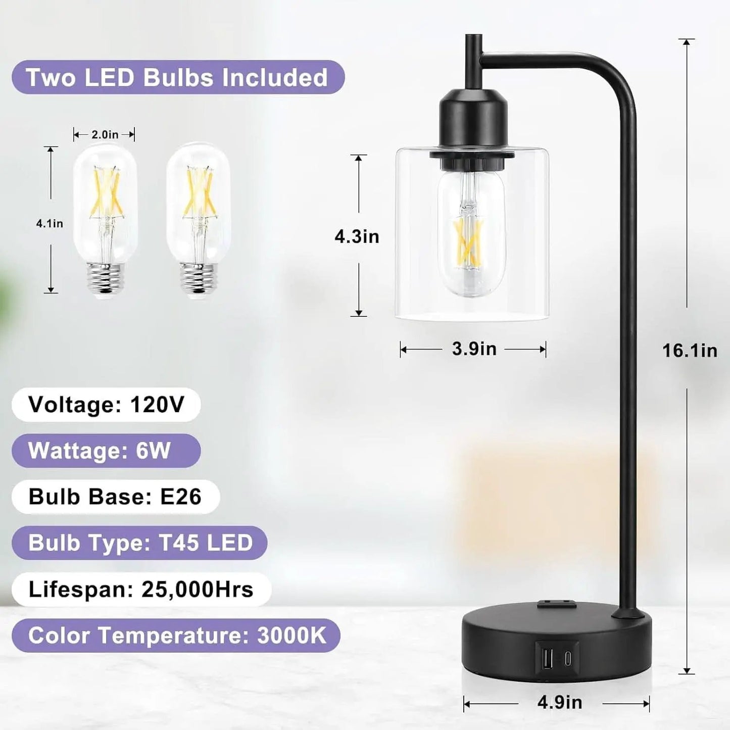 Industrial Touch Table Lamps Bundle Black 3 Way Dimmable USB from PriceLows™