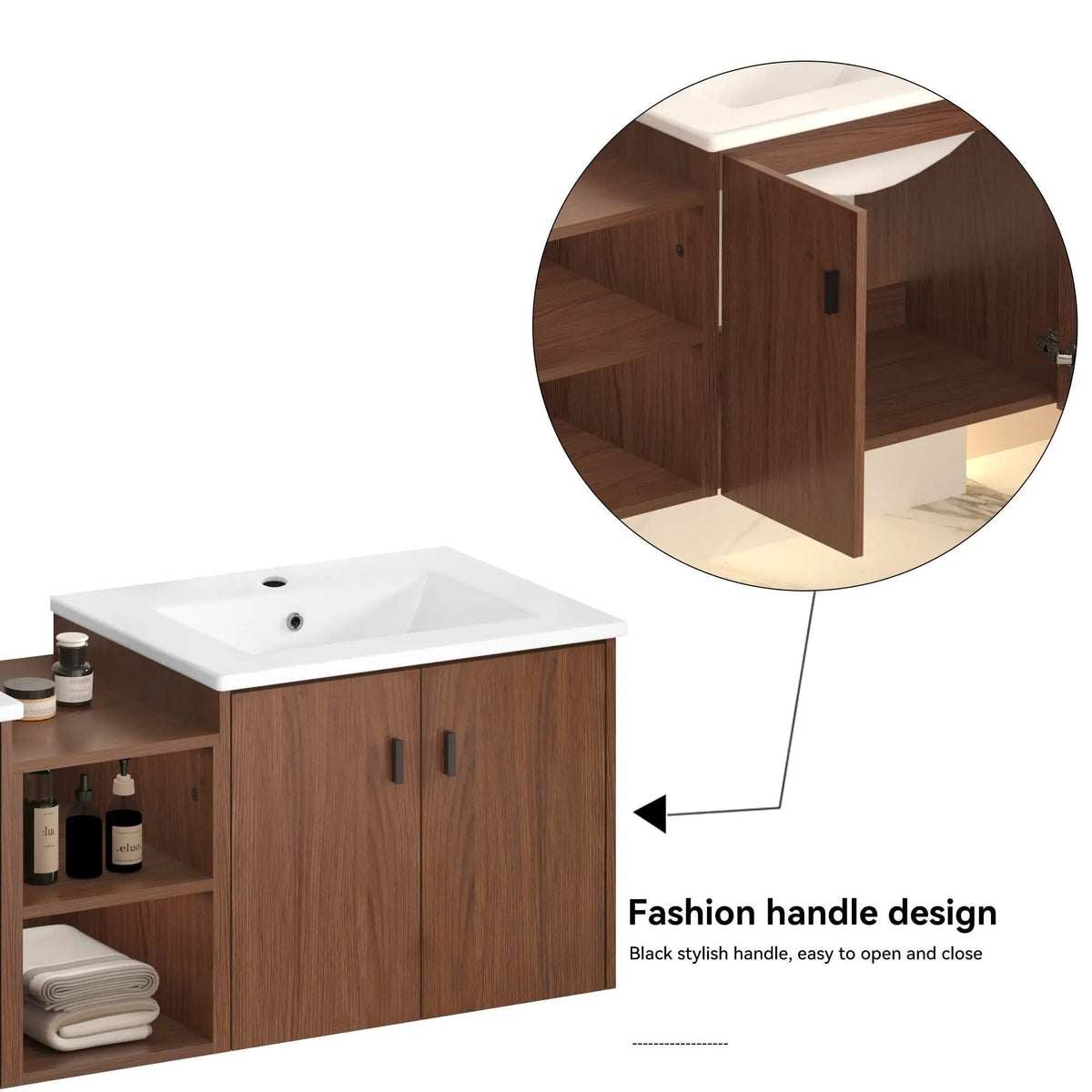Soft Close Doors Bathroom Vanity With Small Storage Shelves, 24" And 12" Combination | 24 Inch | Mdf & Resin | Brown