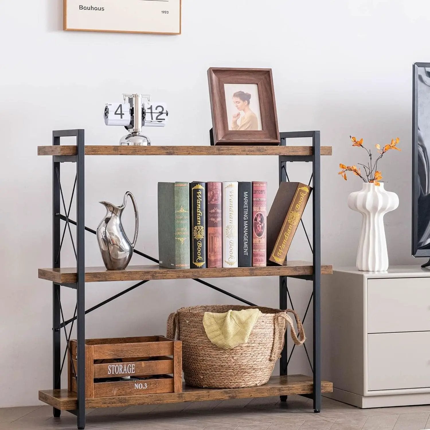 3 Tier Industrial Bookshelf Rustic Wood And Metal Open from PriceLows™