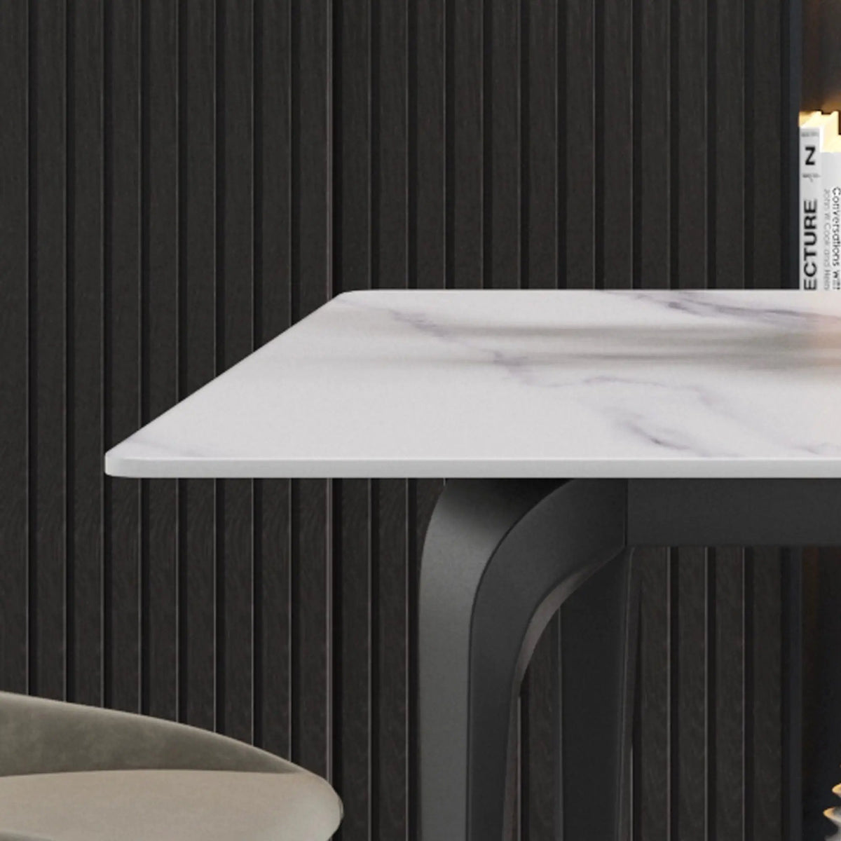 Dining Table | 63 Inch Straight Edge | 12mm Sintered Stone | White Black Frame