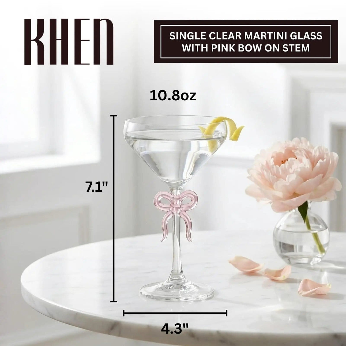 Single Clear Martini Glass with Pink Bow on Stem, One Piece | 10.8 oz | Glass | Cocktail Glass