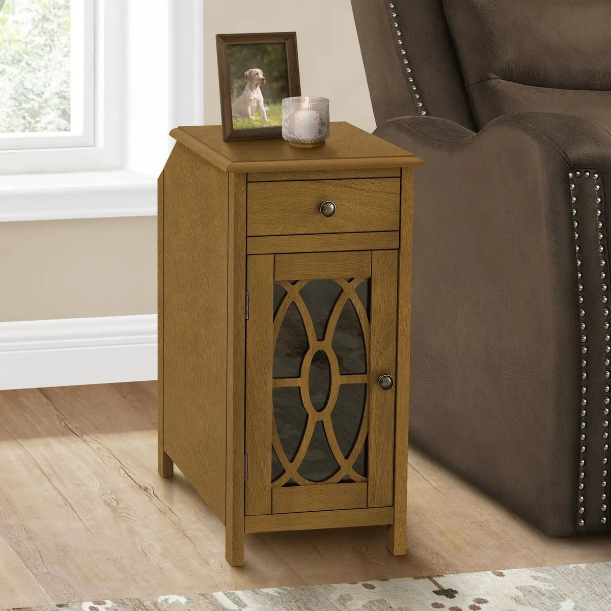 Accent Side Table | Drawer And Open Shelf | Glass Back Inlay | Traditional Taupe