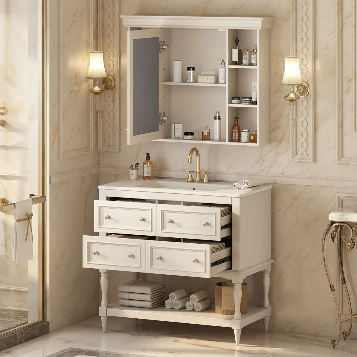 Bathroom Vanity With Medicine Cabinet | 4 Extension Drawers | Adjustable Shelf Mirror | Solid Wood Frame